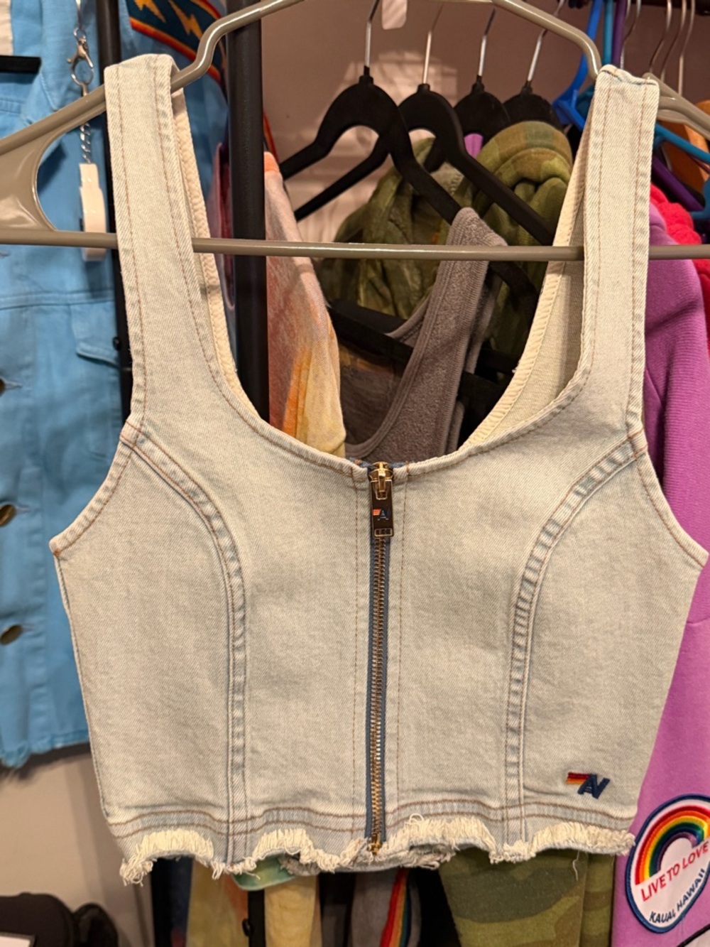 Aviator Nation Light Wash Denim Zip-Front Crop Top